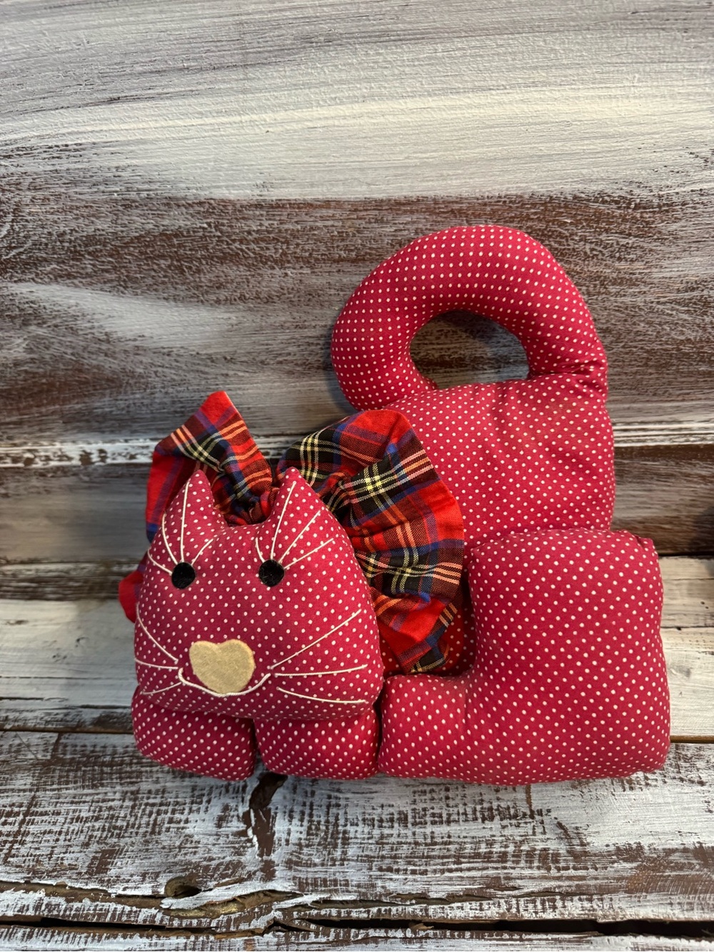 Red Polka Dot Cat Accent Pillow with Plaid Bow -VINTAGE